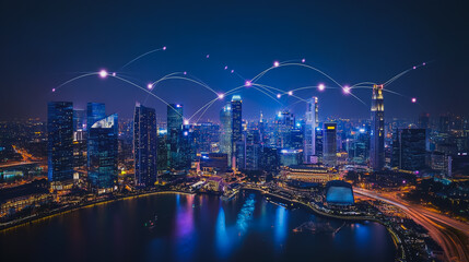Fototapeta premium Smart digital city with connection cyber security network reciprocity over the cityscape . future smart wireless digital city and social media networking systems that connects people within the city