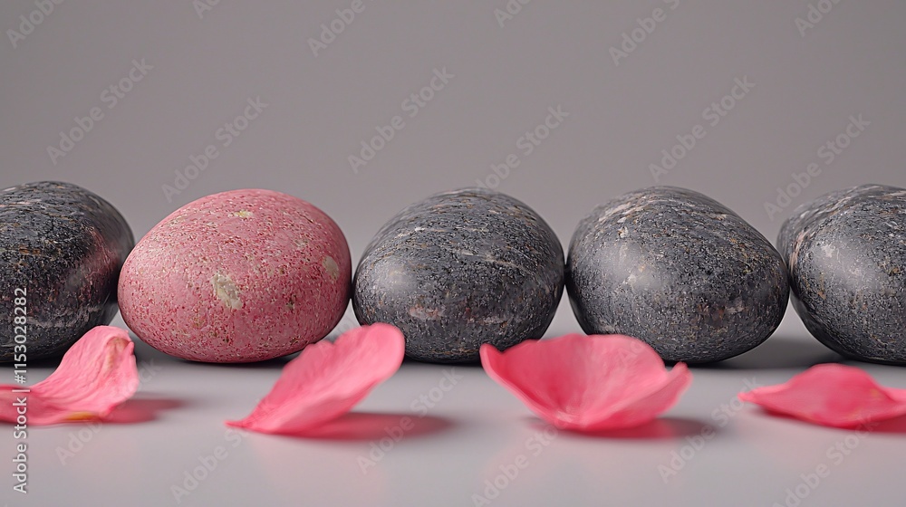 Poster a close-up of smooth black stones arranged in a line with delicate orchid petals scattered around st