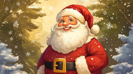 Festive Santa Pausing to Admire Serene Snowy Forest Wonderland in Cozy Cartoon Style