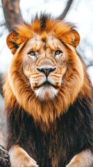 Fototapeta premium A majestic lion with a thick mane gazes directly at the viewer, showcasing its powerful presence.