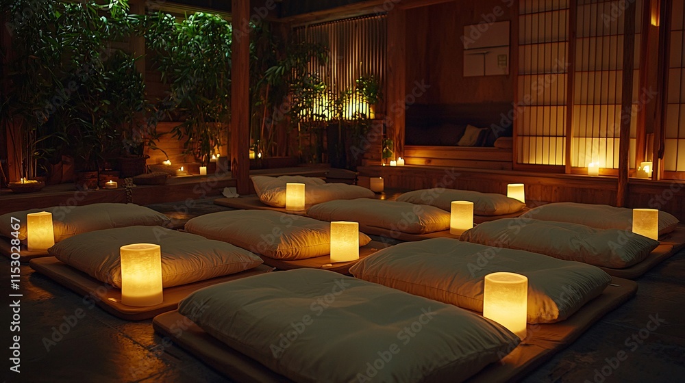 Poster a peaceful evening meditation session in a room filled with candles and soft cushions stock photo wi