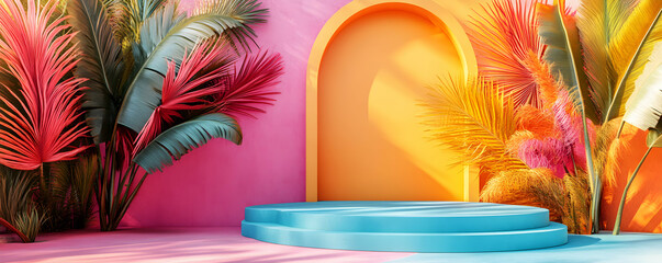Vibrant Tropical Paradise, Colorful Palm Leaves Frame a Sunny Blue Display Platform