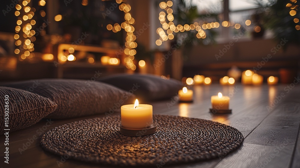 Poster a peaceful evening meditation session in a room filled with candles and soft cushions stock photo wi