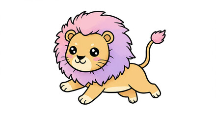 Fototapeta premium Cute Cartoon Lion Cub Pink Mane Adorable Wildlife Animal Illustration
