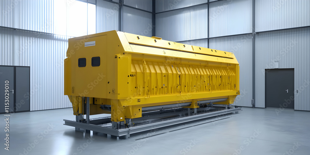 Poster industrial yellow machinery in factory setting, a detailed view of a large-scale automated productio