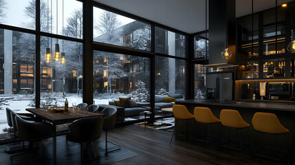 Fototapeta premium Modern Winter Kitchen, Interior Design with Snow-Covered View