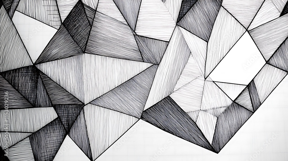 Aufkleber grayscale geometric drawing using hatching lines creating abstract polygonal forms.