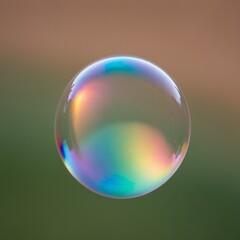 A high-resolution close-up of a single soap bubble, with a rainbow-colored iridescent surface, floating against a soft, blurred natural background.