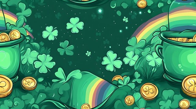 A glowing pot of gold with coins spilling out, surrounded by a whimsical leprechaun hat and a glowing rainbow arching over a lush meadow, bright and festive composition. --ar 16:9 --sref https://s.mj.
