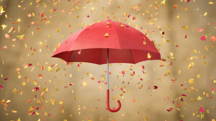 Autumn yellow and red leaves falling on the red rotating Umbrella