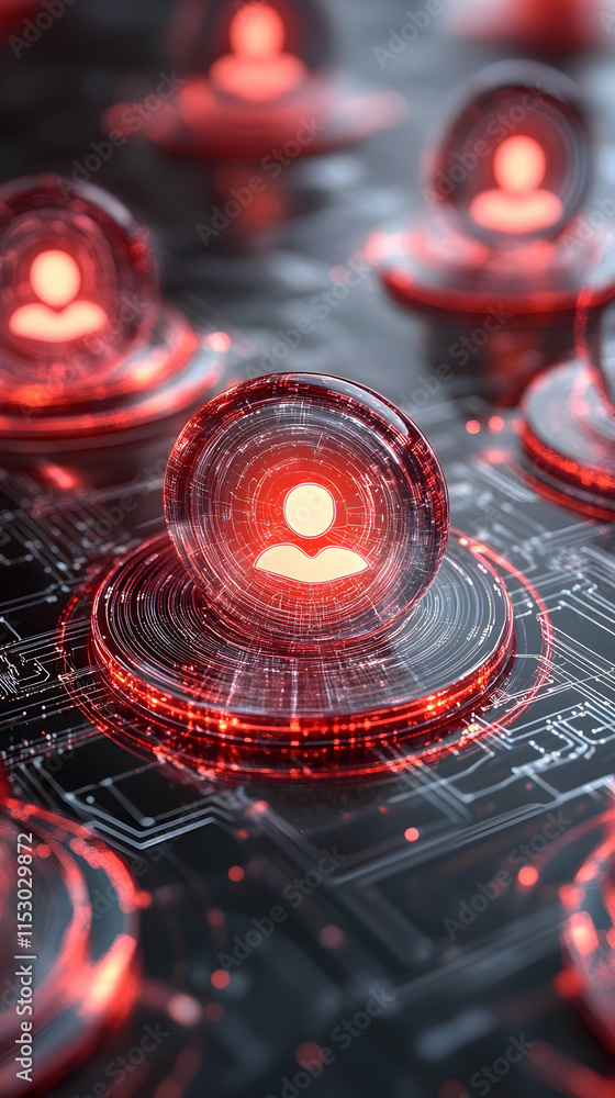 Poster abstract digital network, illuminated user profiles on circuit board