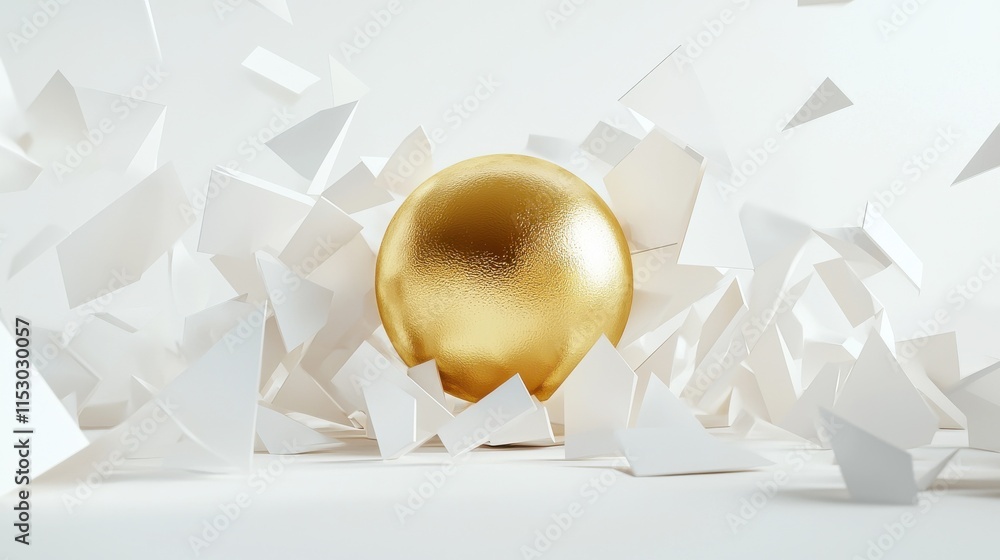 Poster dynamic golden sphere surrounded by white geometric shards abstract art studio close-up view modern 