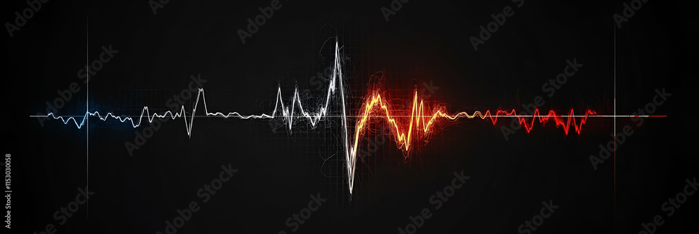 Poster abstract energy waveform, glowing lines illustrate powerful, dynamic audio frequency visualization o