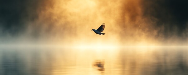 Fototapeta premium A dove flying above the still surface of a peaceful lake, with mist rising from the water, soft golden hour light enveloping the scene