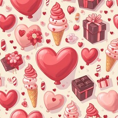 Charming Valentine s Day Themed Seamless Pattern with Festive Decor and Sweets