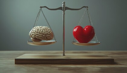 Symbolic scale balancing a human brain and a beating heart, visual representation of emotional vs intellectual balance, photorealistic 8K
