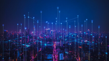 Fototapeta premium Smart digital city with connection cyber security network reciprocity over the cityscape . future smart wireless digital city and social media networking systems that connects people within the city
