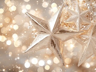 Dazzling stars with white gold glow effect holiday decor high resolution festive atmosphere close-up view magical concept