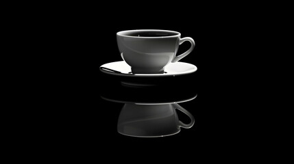 Obraz premium White cup with dark liquid, saucer, and reflection on black surface.
