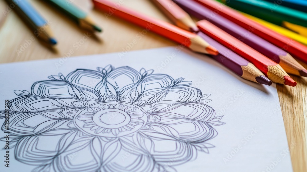 Poster a pristine mandala drawing setup with colored pencils and a blank mandala design neatly arranged, a 