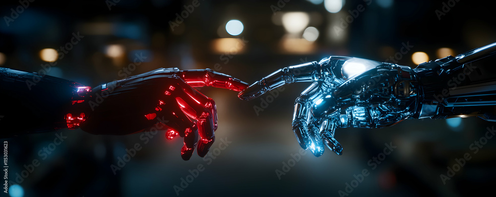 Poster cybernetic hands, a futuristic digital art background of two robotic appendages gently touching in a