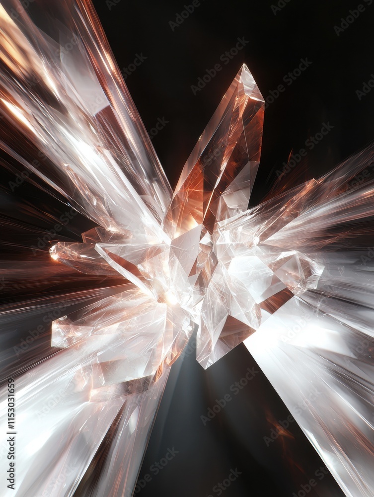 Poster dynamic light reflection on crystals abstract art installation digital creation studio close-up drea