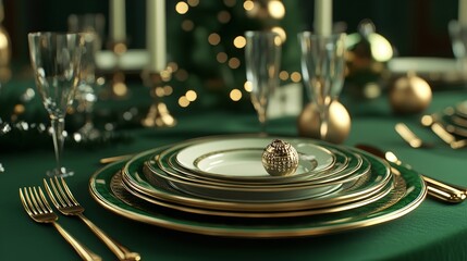 Elegant Christmas table setting with golden cutlery 