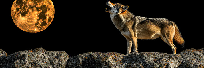 Obraz premium Majestic Wolf Howling at a Fiery Orange Moon, Standing on Rocky Outcrop at Night