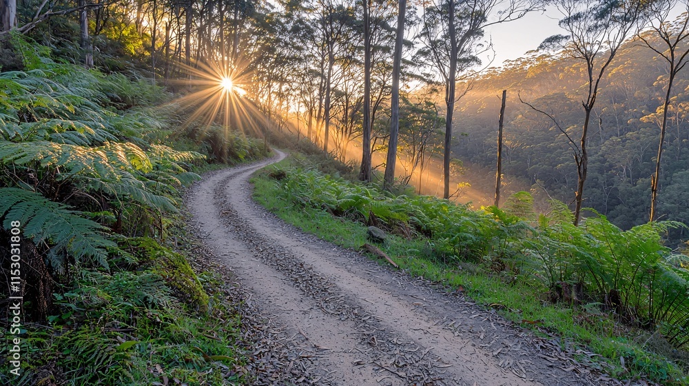 Poster A tranquil forest trail with sunlight streaming through the canopy and a sense of calmness Stock Photo with side copy space