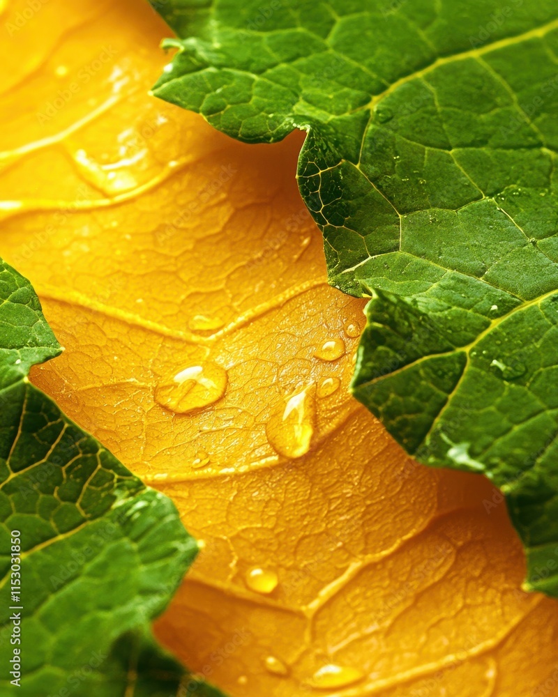 Poster macro view of kale leaf texture illuminated by droplets nature setting close-up vibrant colors abstr