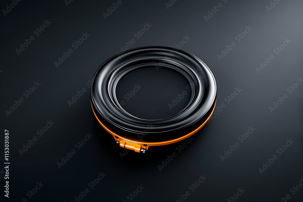 Poster abstract black circular object with orange accents on dark background