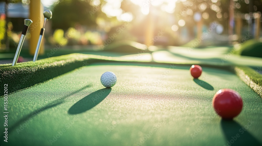 Poster a pristine miniature golf course with neatly positioned clubs and balls at the first hole, a vibrant