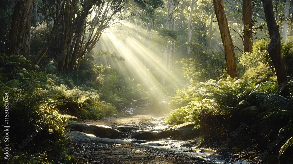Aufkleber a tranquil forest trail with sunlight streaming through the canopy and a sense of calmness stock pho