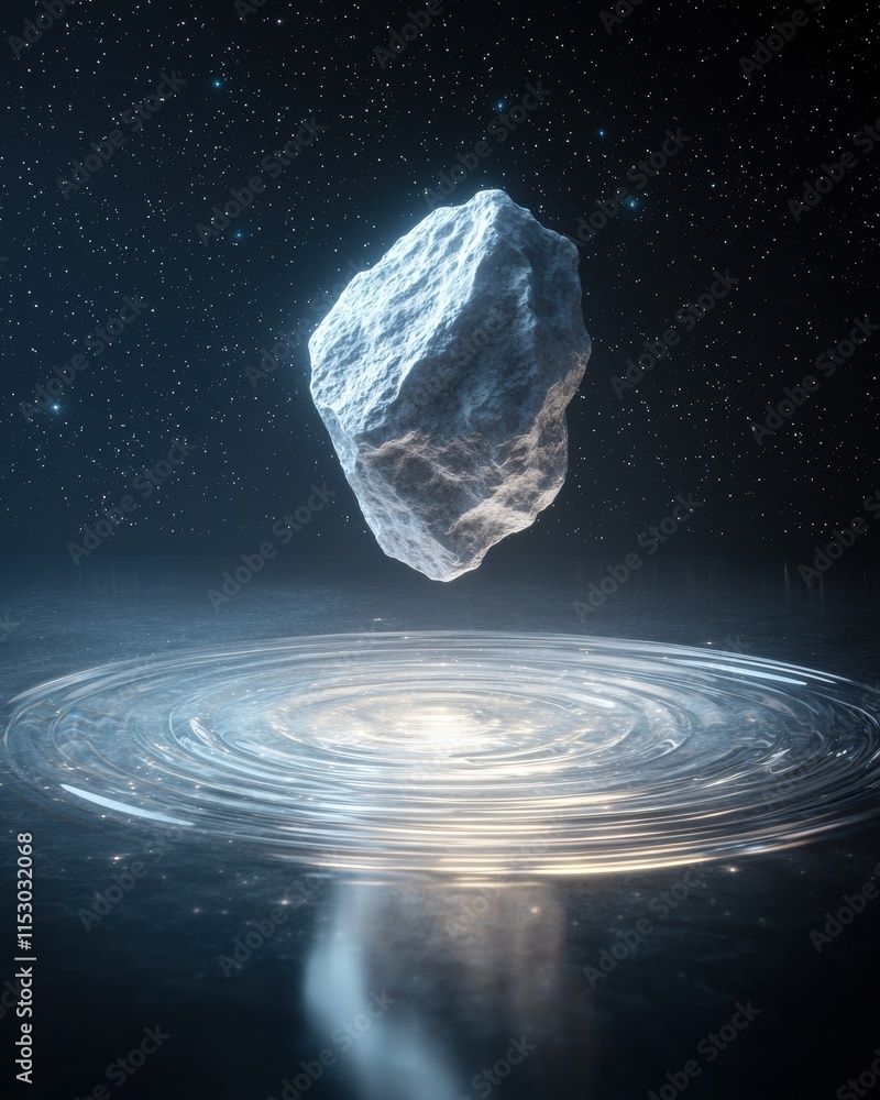 Poster levitating cosmic stone creating ripples in a pool outer space digital art surreal aerial view mysti