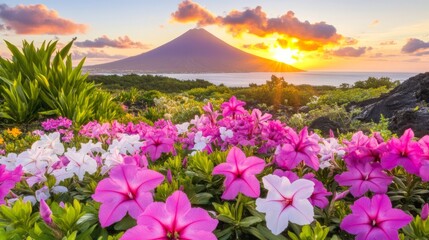 Obraz premium Vibrant Flowers Blooming at Sunset with Volcanic Peak