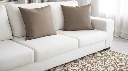 Elegant mocha mousse-colored accent pillows on a white sectional sofa in a modern living room setting