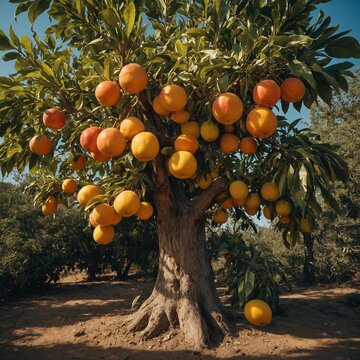 A cartoonish tree with exaggeratedly large, juicy fruits.

