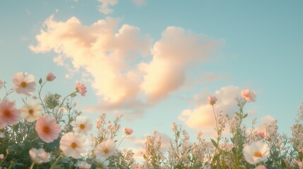 Pastel clouds over blooming flowers scenic nature landscape soft mint green aesthetic serene outdoor view