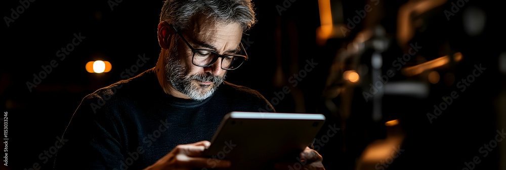 Poster Man Uses Tablet in Dark Room;  Low-Light Photography Captures a Focused Individual Working at Night, Illuminated by Soft Ambient Lighting.