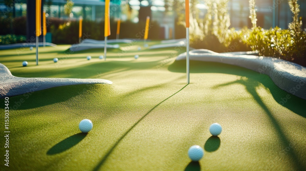 Poster a pristine miniature golf course with neatly positioned clubs and balls at the first hole, a vibrant