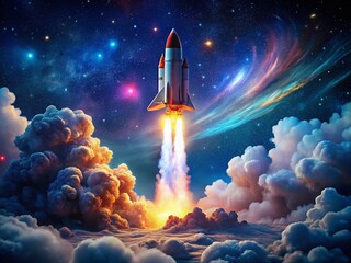 Cartoon Rocket Launch Double Exposure: Stars, Clouds, Space Adventure Stock Photo