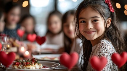 A family gathered around a table decorated with hearts sharing a Valentine meal together Stock Photo with side copy space