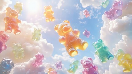 Falling Colorful jelly gummy bear with cloud,blue sky and rainbow,selective focus.