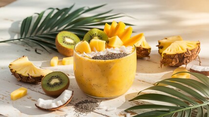 Smoothie bowl filled with bright yellow mango puree topped with sliced kiwi and fresh pineapple chunks with coconut flakes and chia seeds, bowl is placed on a rustic wooden table