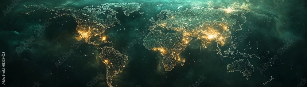 Poster digital map of the world with glowing network connections, representing technological progress and w