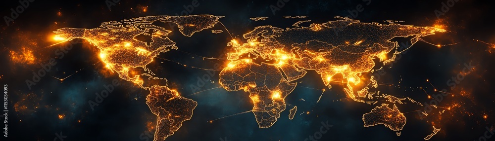 Poster digital map of the world with glowing network connections, representing technological progress and w