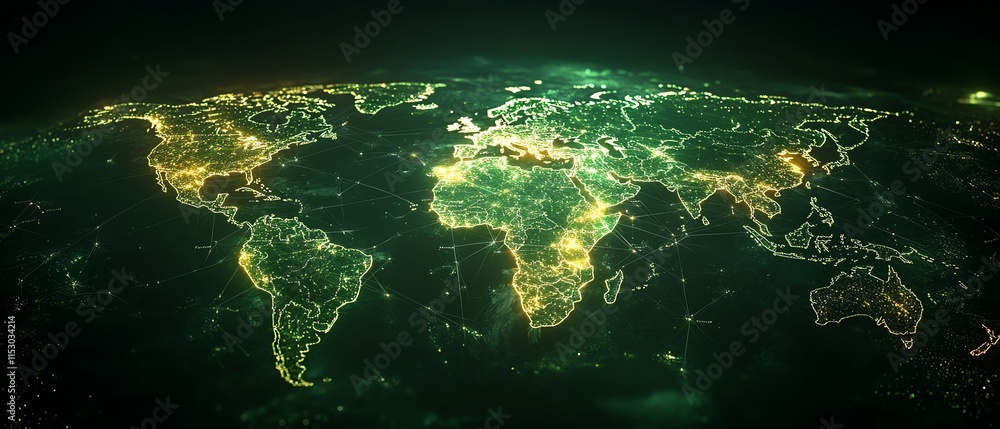 Poster digital world map with glowing connections, highlighting global communication and technological adva