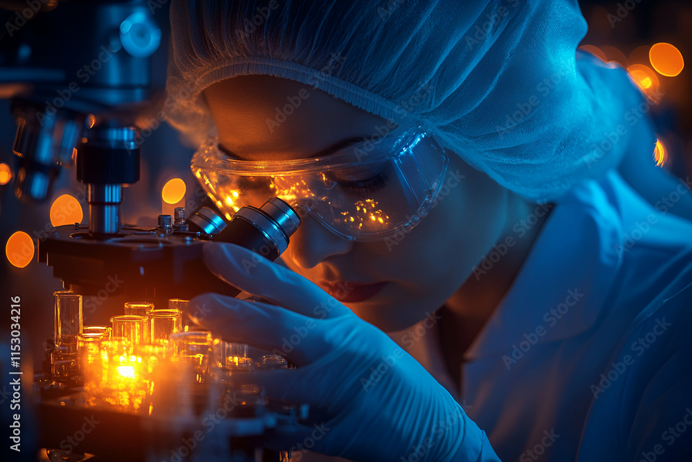 Poster scientist examining samples under microscope in vibrant lab setting