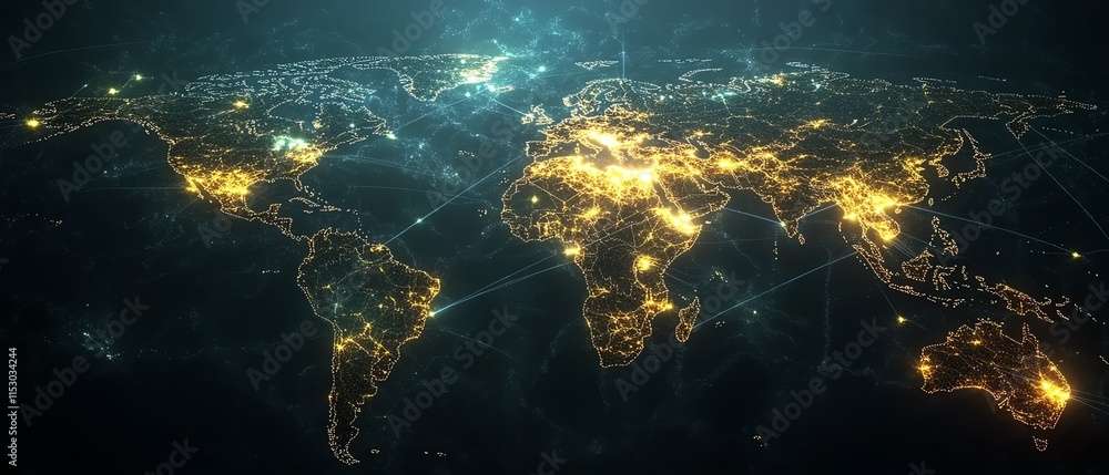 Poster digital world map with glowing connections, highlighting global communication and technological adva