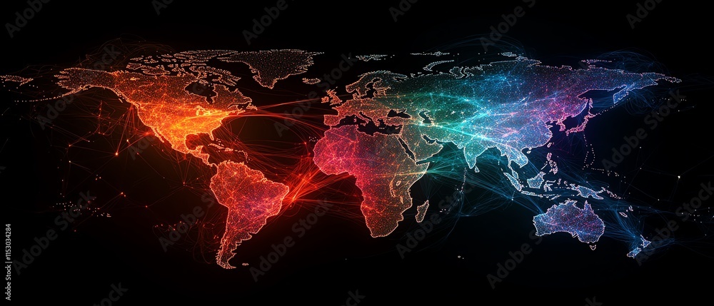 Poster digital world map with glowing connections, highlighting global communication and technological adva
